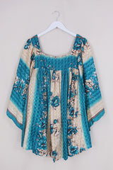 Honey Mini Dress - Island Sea & Shell Blossom - Vintage Indian Sari - Free Size