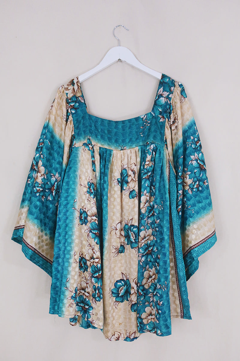 Honey Mini Dress - Island Sea & Shell Blossom - Vintage Indian Sari - Free Size