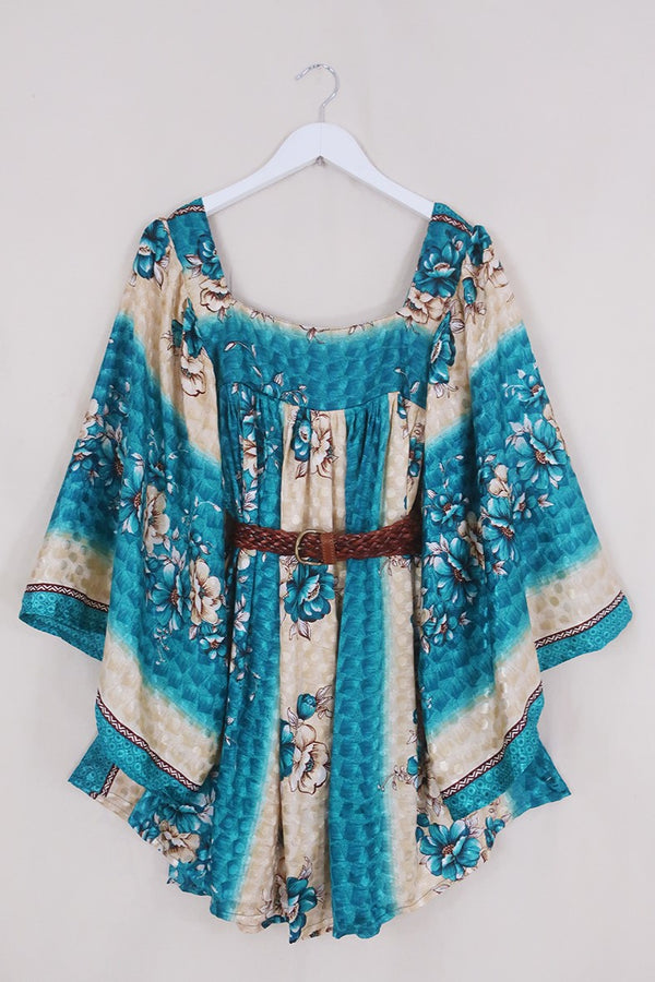 Honey Mini Dress - Island Sea & Shell Blossom  - Vintage Indian Sari - Free Size