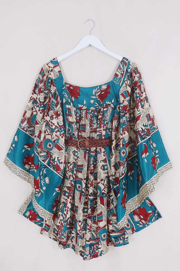Honey Mini Dress - Crimson & Teal Ladies - Vintage Indian Sari - Free Size