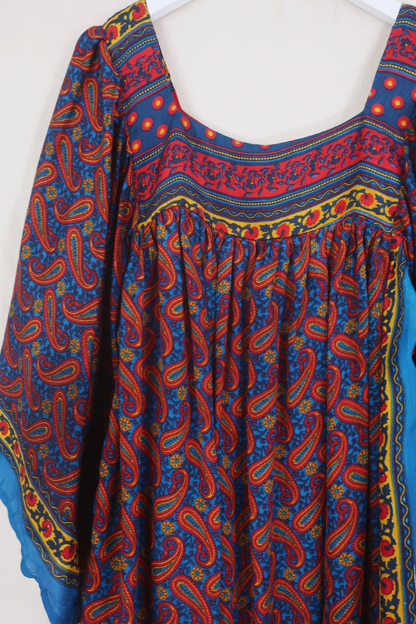 Honey Mini Dress - Majorelle Blue & Ruby Paisley - Vintage Indian Sari - Free Size
