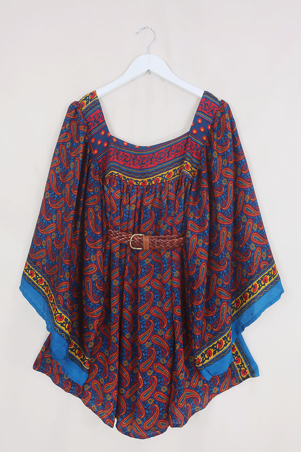 Honey Mini Dress - Majorelle Blue & Ruby Paisley - Vintage Indian Sari - Free Size
