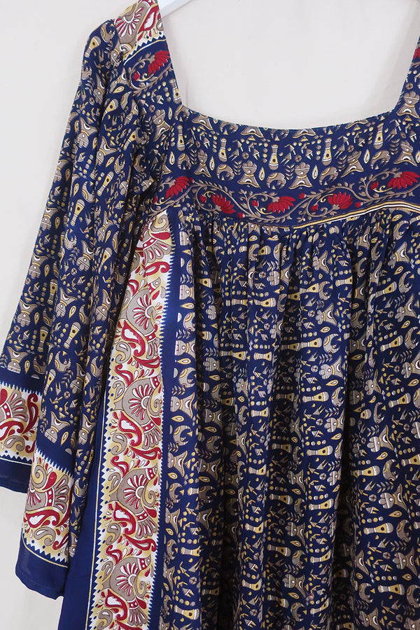 Honey Mini Dress - Mariner Blue Tales - Vintage Indian Sari - Free Size