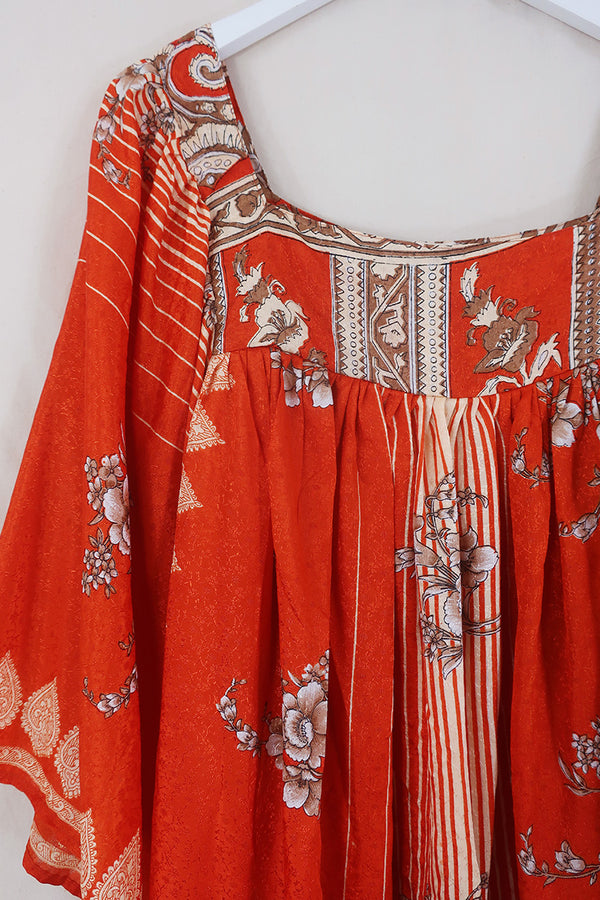 Honey Mini Dress - Tiger Orange & Blossom Jacquard - Vintage Indian Sari - Free Size By All About Audrey