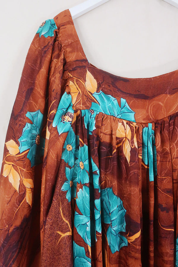 Honey Mini Dress - Bronze Floral Shimmer - Vintage Indian Sari - Free Size By All About Audrey