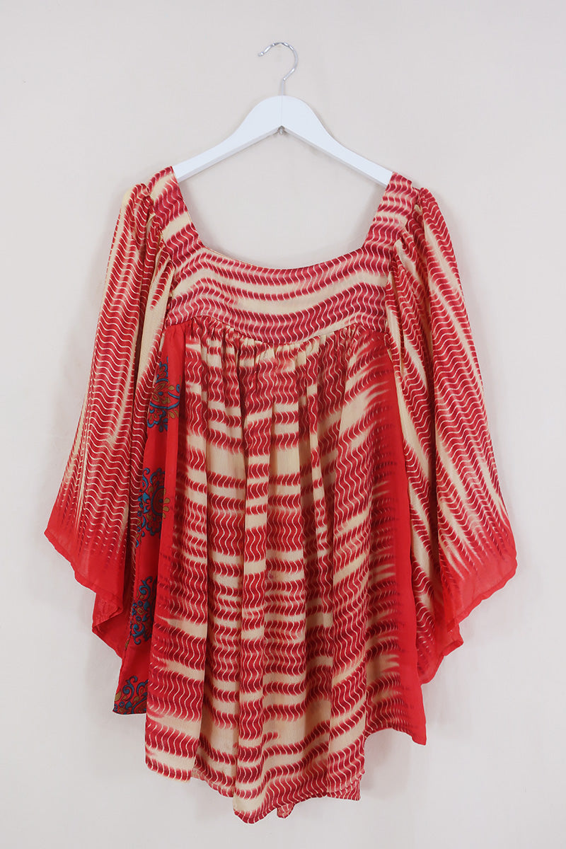 Honey Mini Dress - Carnelian Red Waves - Vintage Indian Sari - Free Size