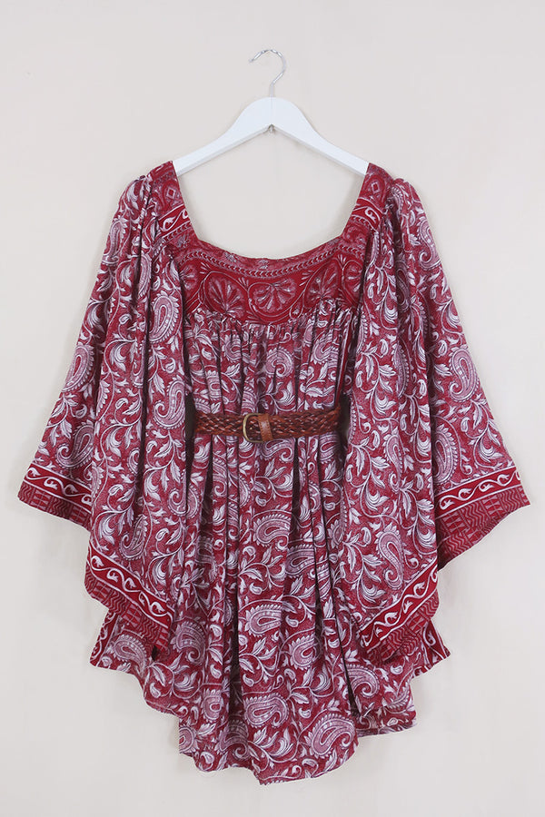 Honey Mini Dress - Garnet Stone Vines - Vintage Indian Sari - Free Size By All About Audrey