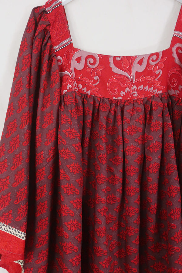 Honey Mini Dress - Cedar & Red Paisley - Vintage Indian Sari - Free Size By All About Audrey