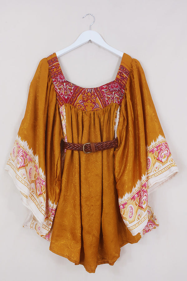 Honey Mini Dress - Gold Gilded Paisley Jacquard - Vintage Indian Sari - Free Size By All About Audrey