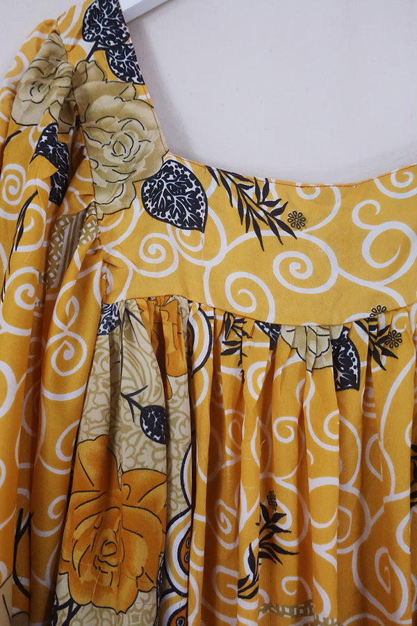 SALE Honey Mini Dress - Golden Yellow Roses - Vintage Indian Sari - Free Size