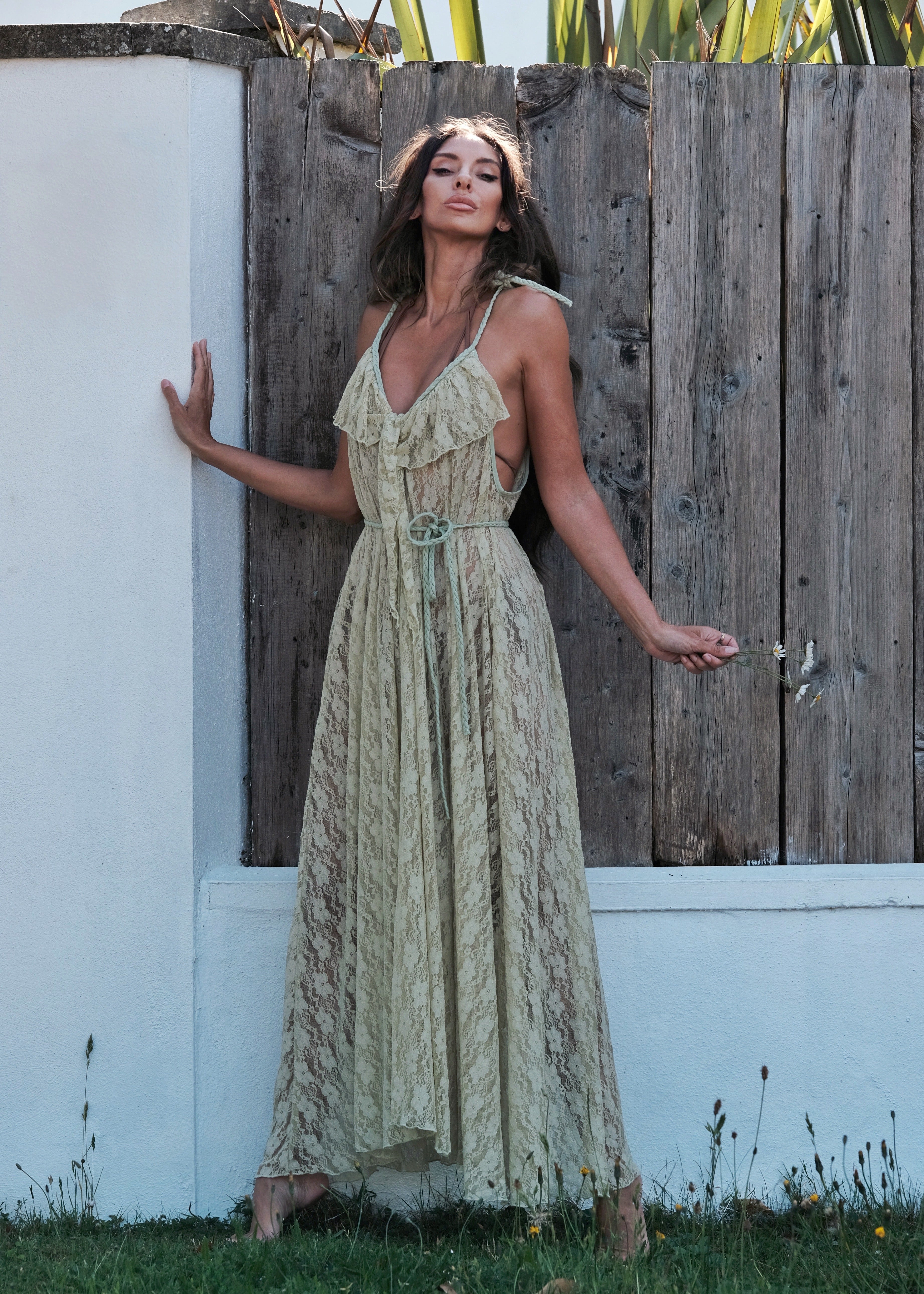 Delphi Maxi Dress in Pistachio Green Chantilly Lace