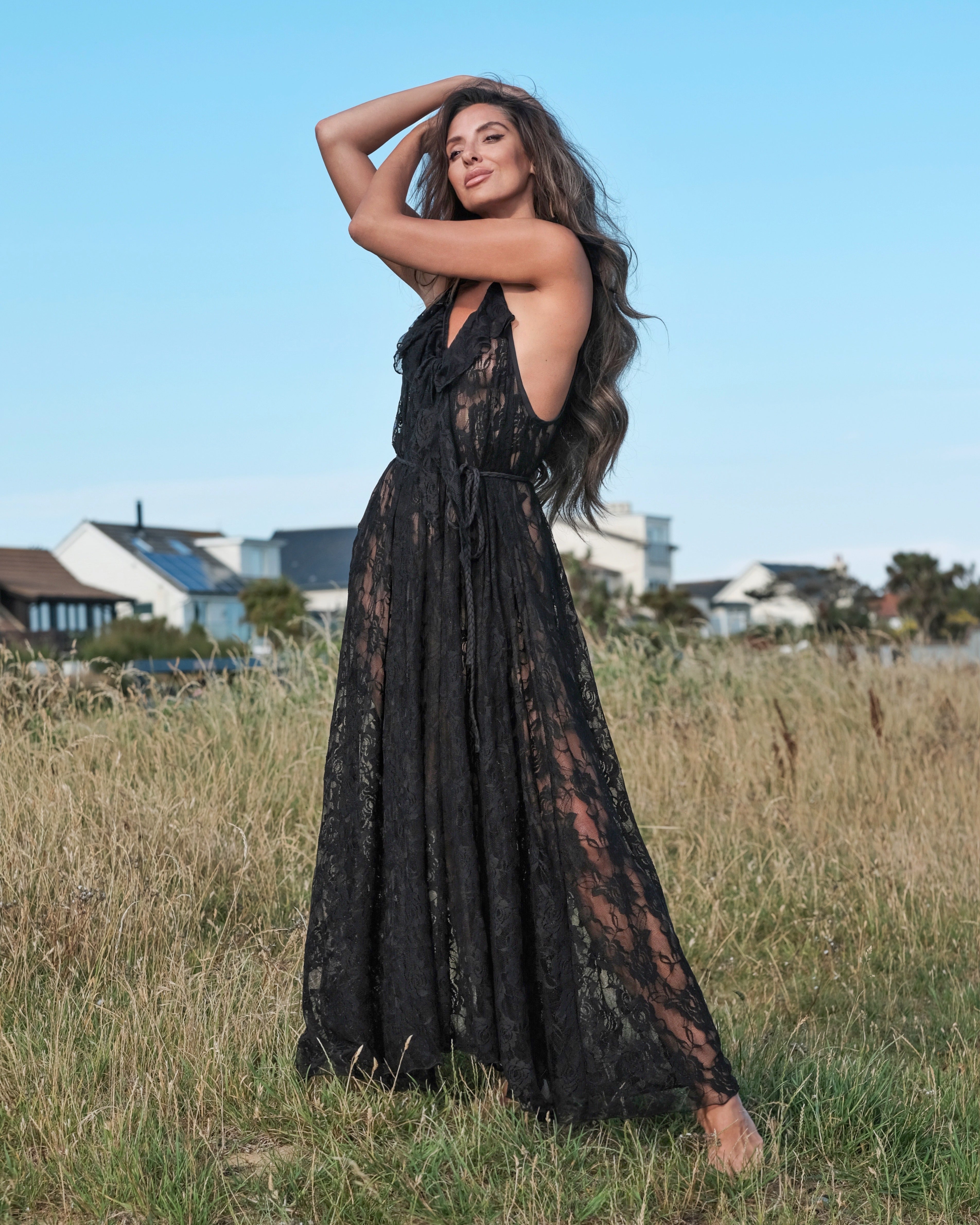Delphi Maxi Dress in Black Swan Chantilly Lace