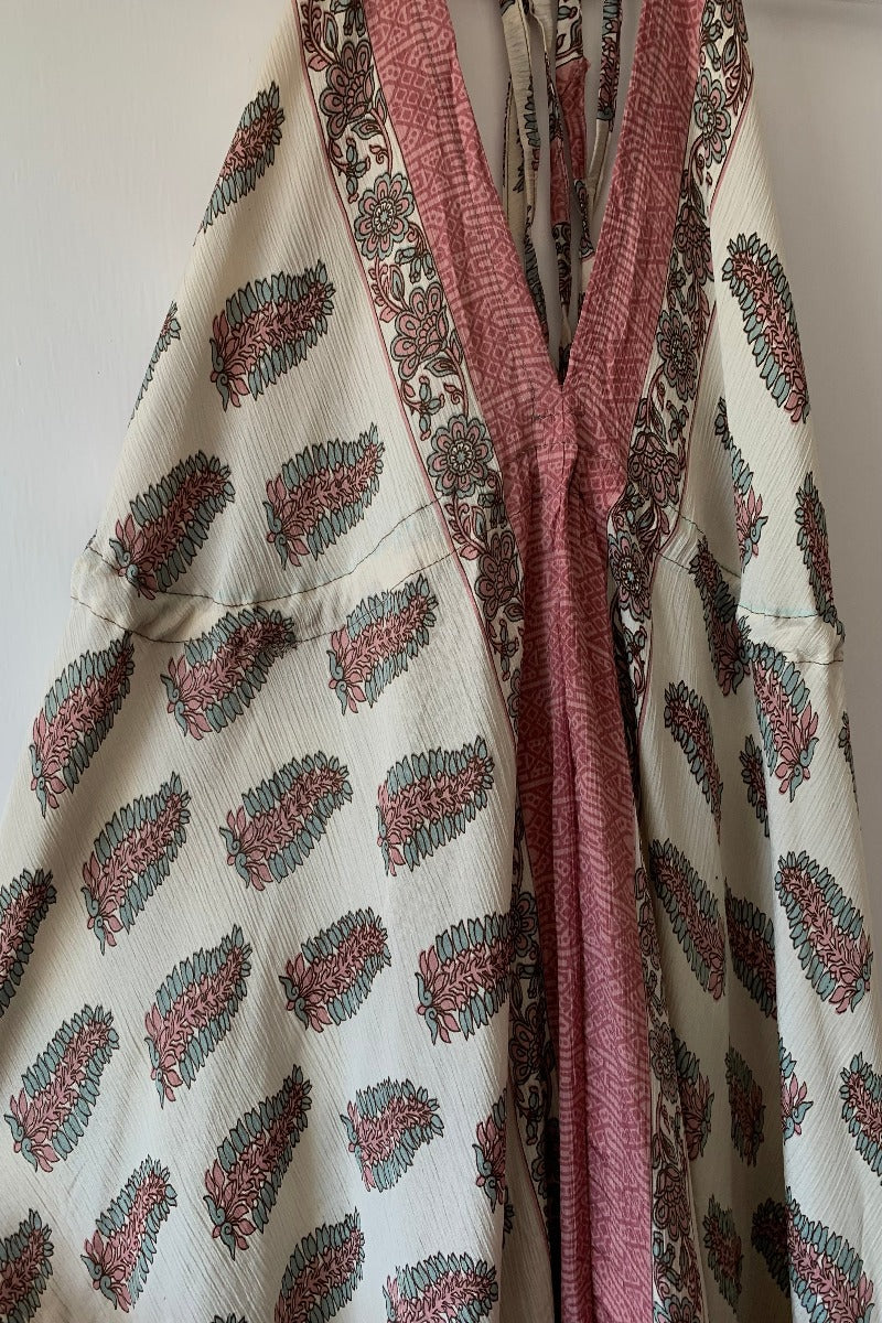 Medusa Harem Jumpsuit - Vintage Sari - Eggshell & Rosehip Pink Ferns - L/XL