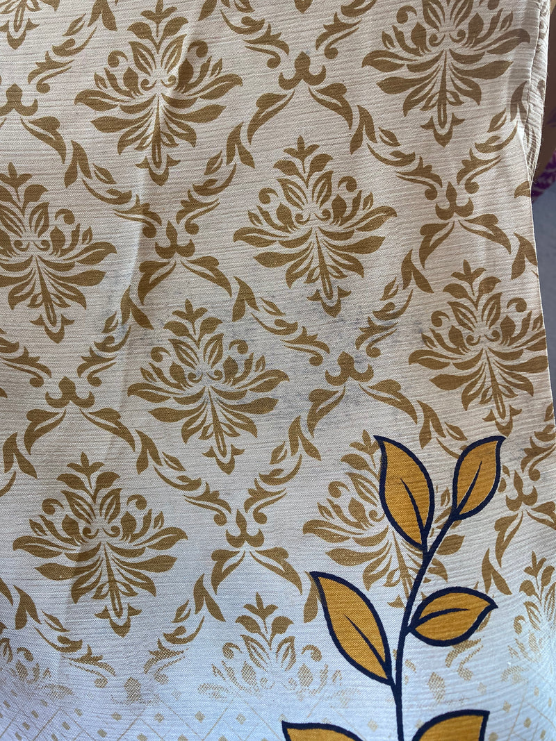 Athena Maxi Dress - Vintage Sari - Honey Mustard Ornate Floral - XS to M/L
