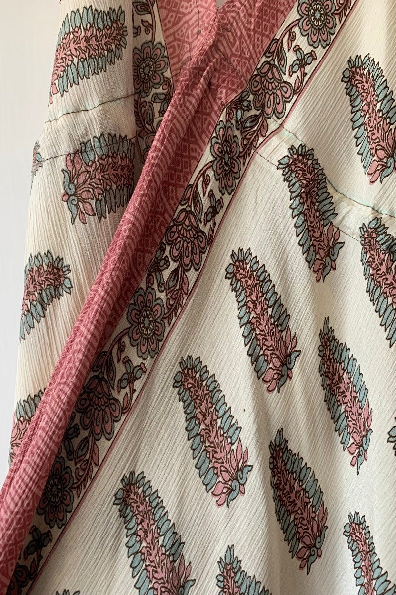 Medusa Harem Jumpsuit - Vintage Sari - Eggshell & Rosehip Pink Ferns - L/XL