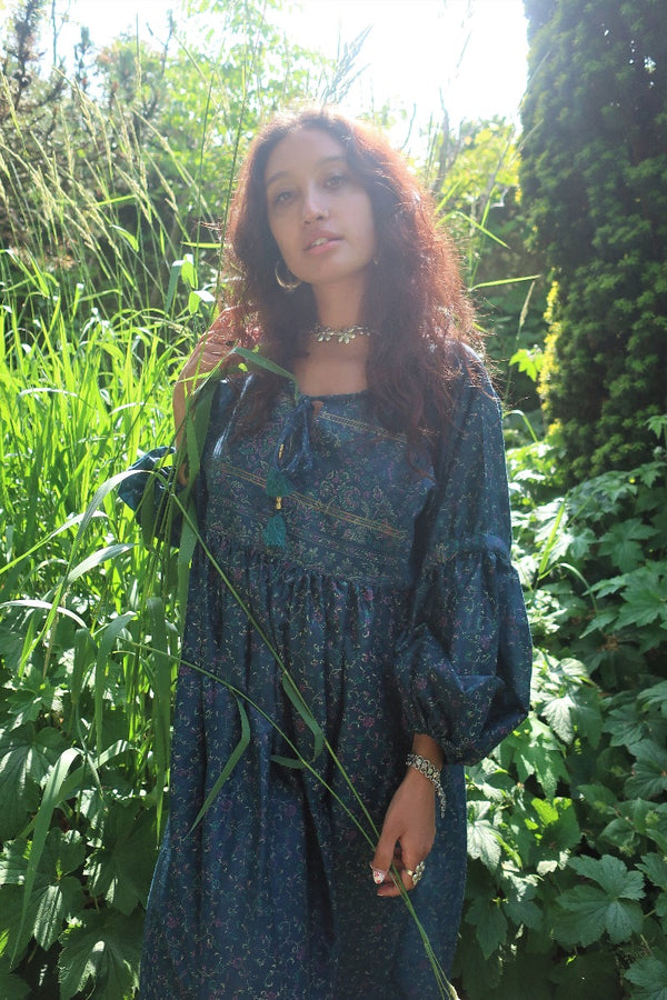 Daisy Midi Smock Dress - Vintage Indian Cotton - Vivid Indigo & Gold Floral Block Print - S By All About Audrey