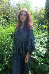 Daisy Midi Smock Dress - Vintage Indian Cotton - Vivid Indigo & Gold Floral Block Print - S By All About Audrey