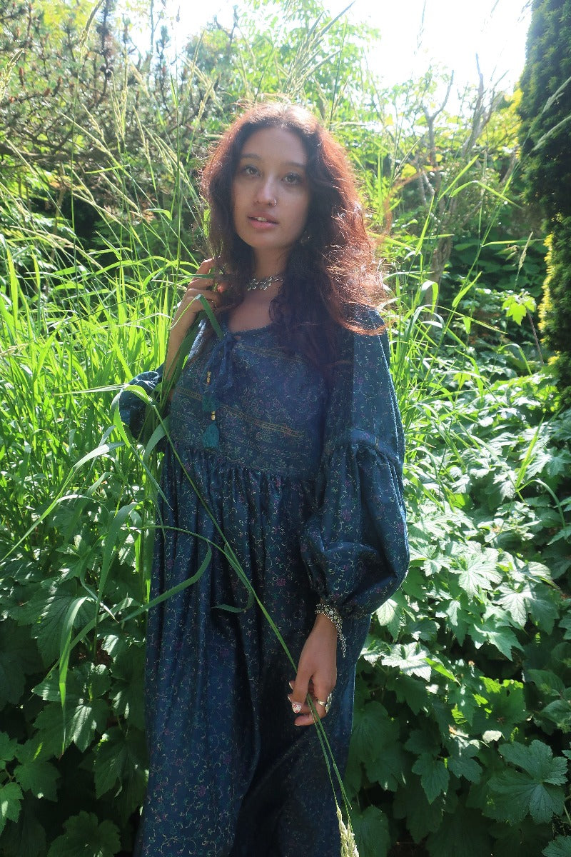Daisy Midi Smock Dress - Vintage Indian Cotton - Vivid Indigo & Gold Floral Block Print - S By All About Audrey