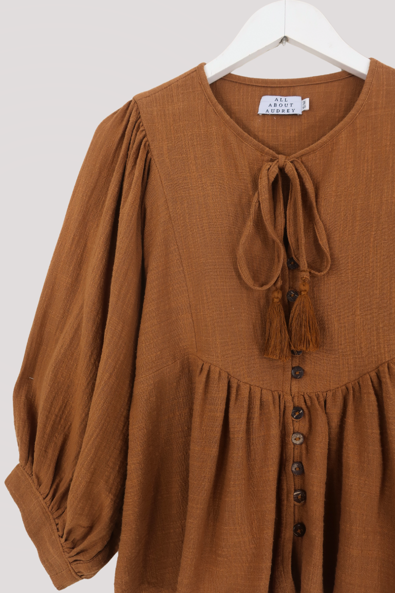 Iris Folk Smock Top in Tan by All About Audrey