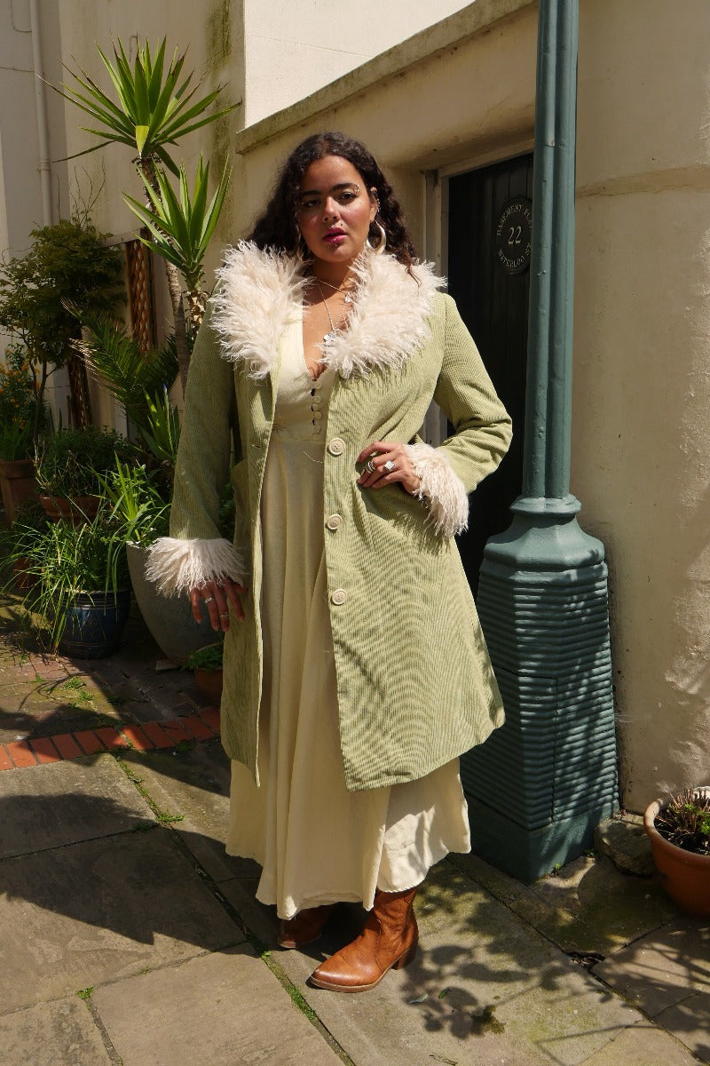 Janis Penny Lane Coat in Agate Green Corduroy by All About Audrey
