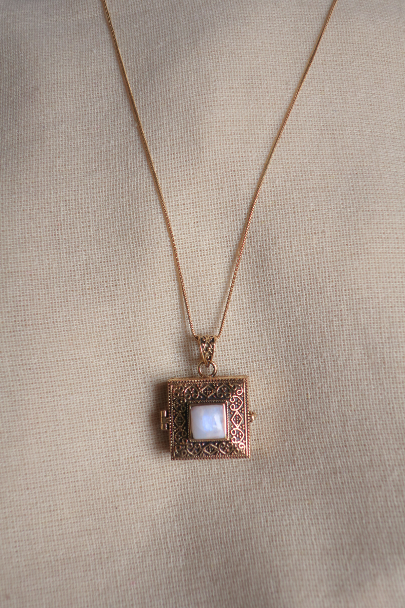 Ornate Locket Necklace in Gold with White Moonstone