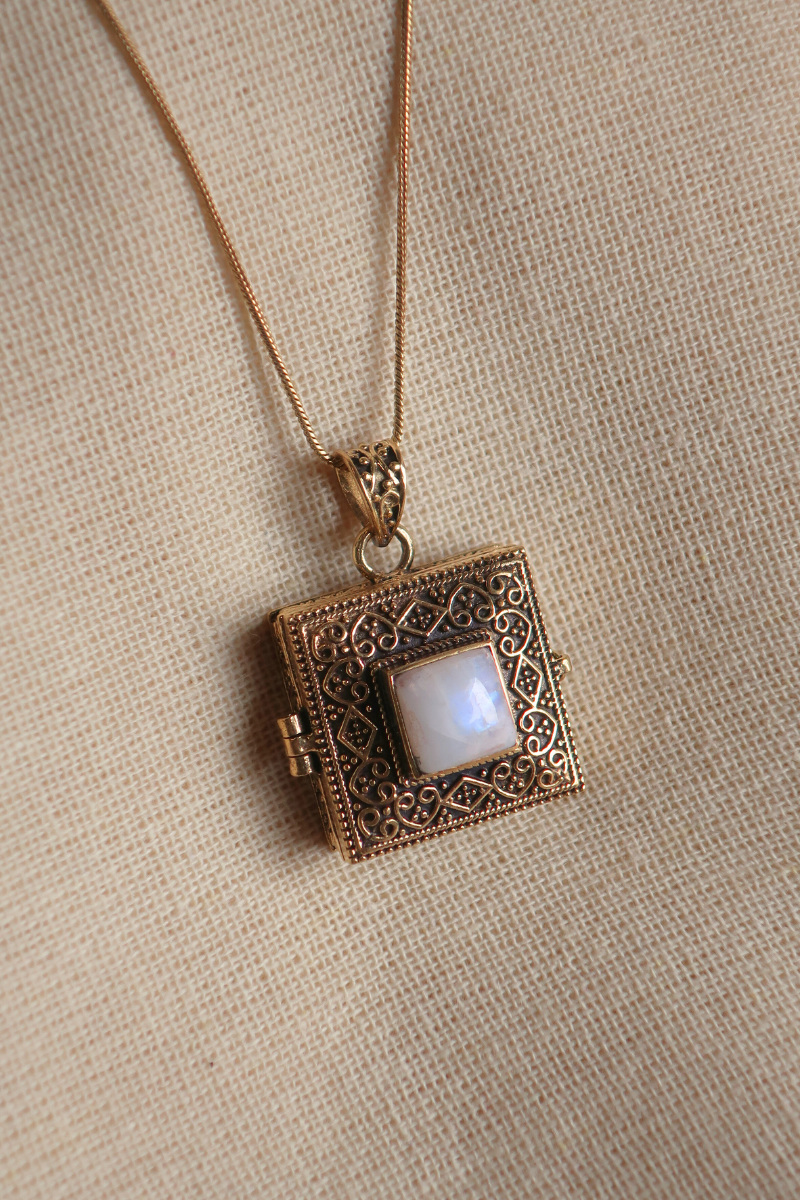 Ornate Locket Necklace in Gold with White Moonstone