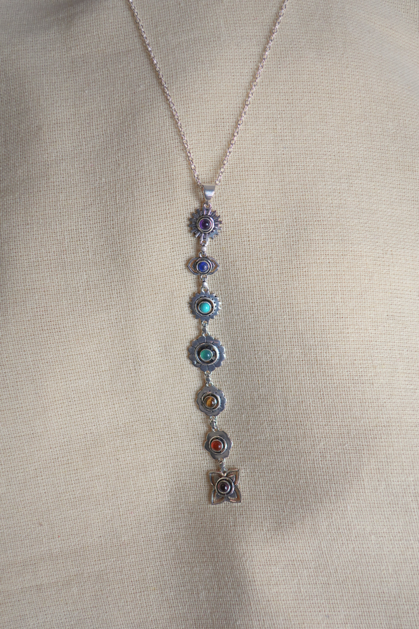 Precious Stones Chakra Flower Drop Pendant Necklace in Silver