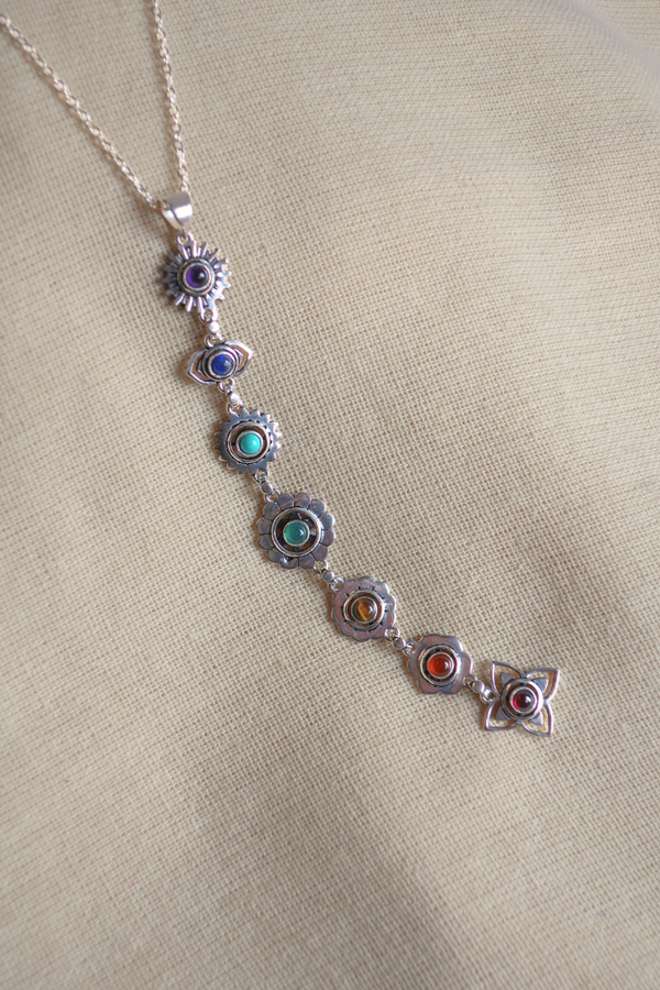 Precious Stones Chakra Flower Drop Pendant Necklace in Silver