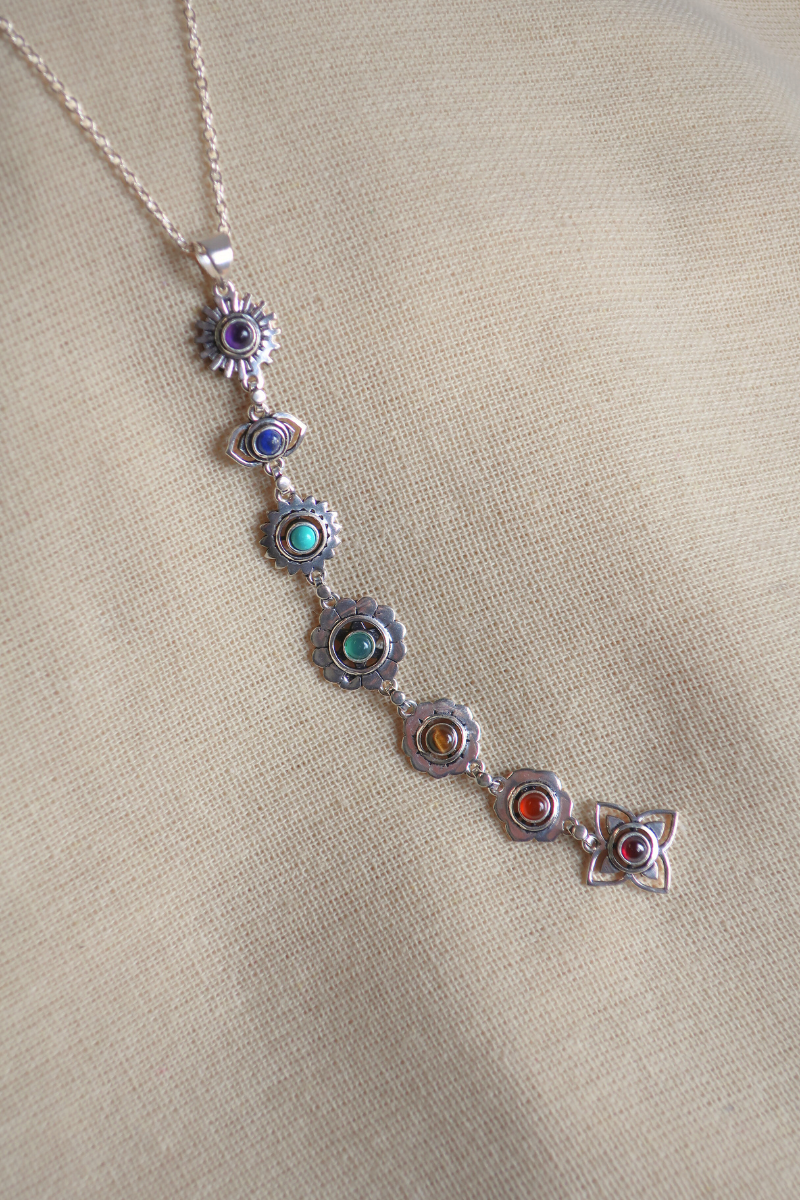 Precious Stones Chakra Flower Drop Pendant Necklace in Silver
