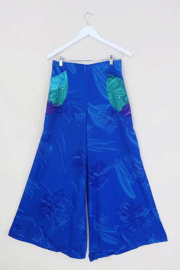 Joni High Waisted Flares - Vintage Sari - Blue Watercolour Floral - Free Size S/M by All About Audrey