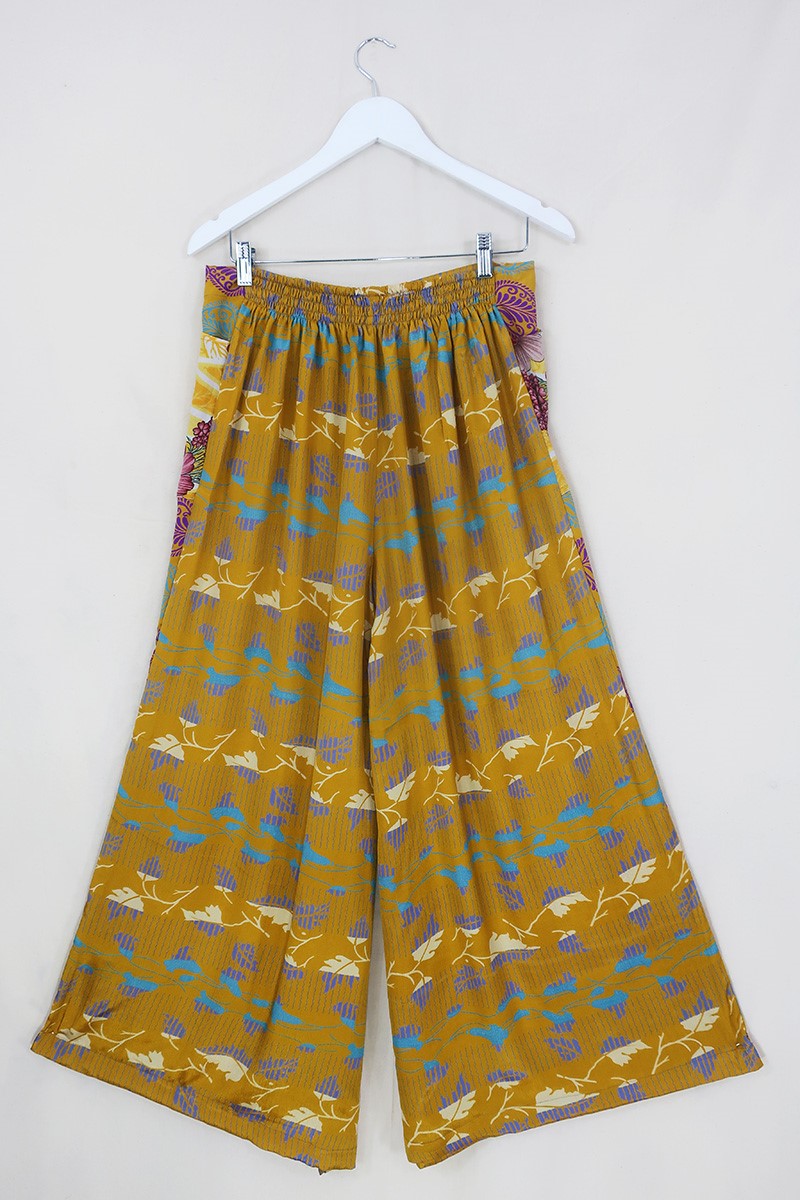 Joni High Waisted Flares - Vintage Sari - Honey & Grape Floral - Free Size L/XL by All About Audrey