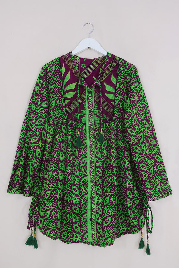 Jude Tunic Top - Pomegranate  & Lime Forest - Vintage Indian Sari - Size S By All About Audrey