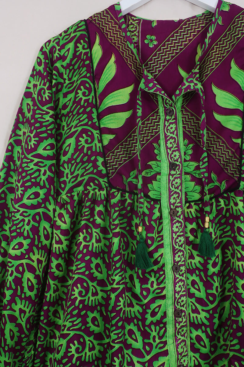 Jude Tunic Top - Pomegranate & Lime Forest - Vintage Indian Sari - Size S By All About Audrey