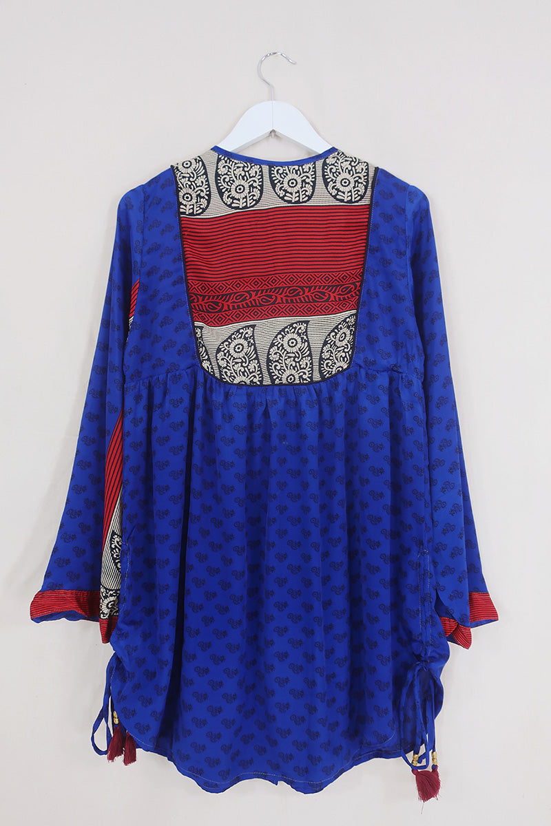 Jude Tunic Top - Sapphire & Scarlet Folk Floral - Vintage Indian Sari - Size XS By All About Audrey