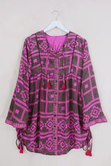 Jude Tunic Top - Checkered Coffee & Cerise - Vintage Indian Sari - Size XS