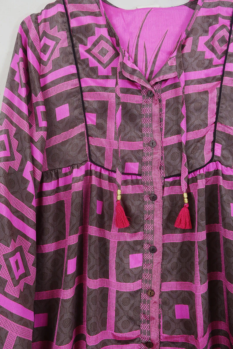 Jude Tunic Top - Checkered Coffee & Cerise - Vintage Indian Sari - Size XS By All About Audrey