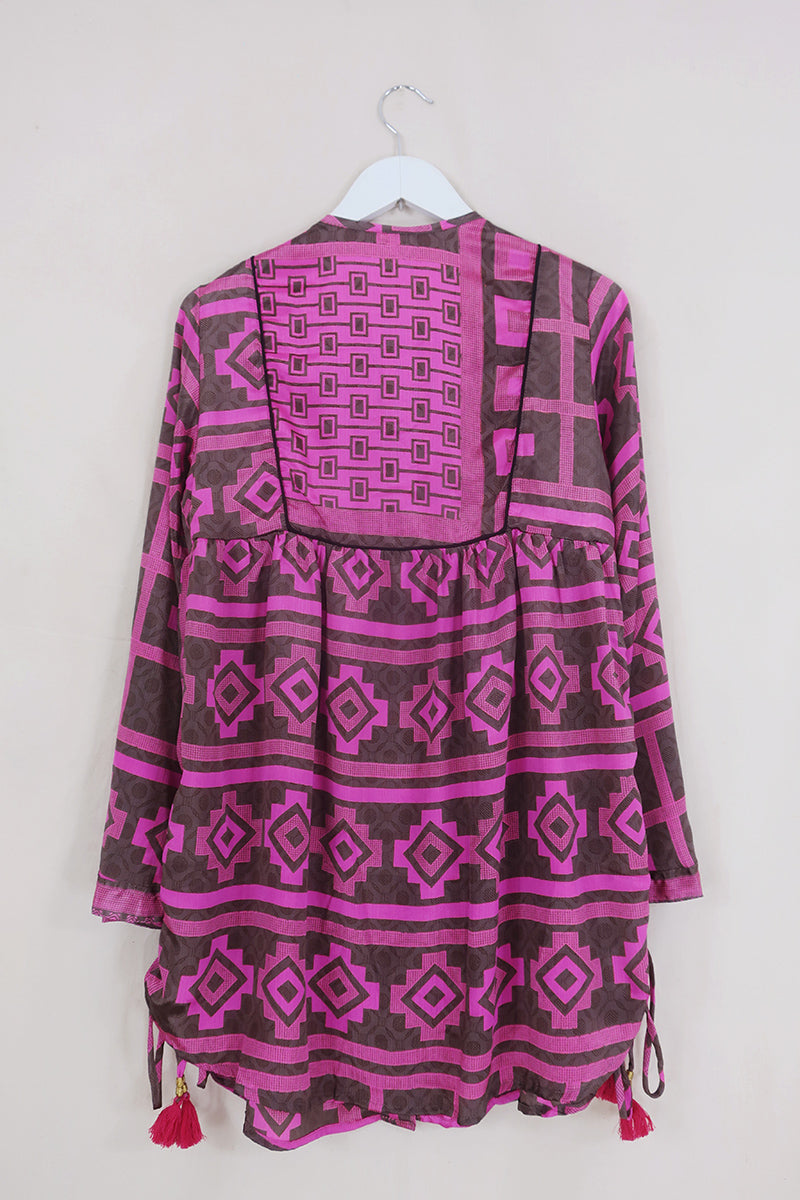 Jude Tunic Top - Checkered Coffee & Cerise - Vintage Indian Sari - Size XS By All About Audrey