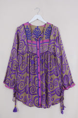 Jude Tunic Top - Cardamom Cream & Pink Swirls - Vintage Indian Sari - Size S