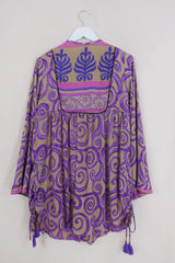 Jude Tunic Top - Cardamom Cream & Pink Swirls - Vintage Indian Sari - Size S