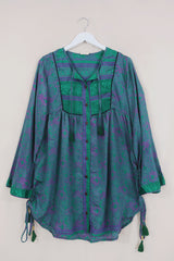 Jude Tunic Top - Iridescent Emerald Tiles - Vintage Indian Sari - Size S By All About Audrey