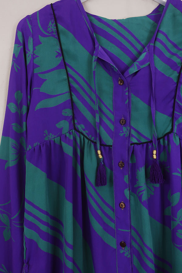 Jude Tunic Top - Jewelled Purple & Jade Floral - Vintage Indian Sari - Size XS By All About Audrey