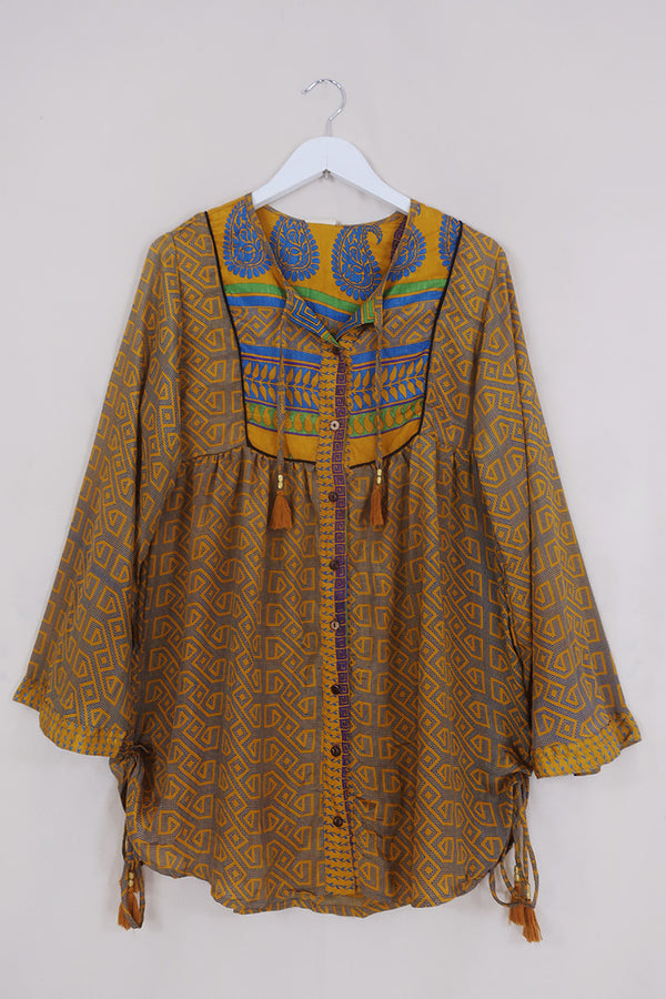Jude Tunic Top - Cornflower & Marmalade Mosaic - Vintage Indian Sari - Size XS By All About Audrey