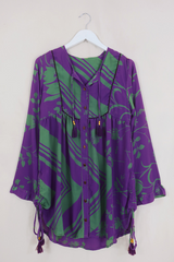 Jude Tunic Top - Jewelled Purple & Jade Floral - Vintage Indian Sari - Size XS By All About Audrey