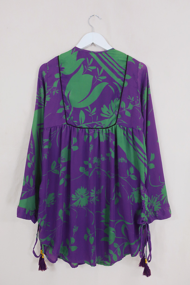 Jude Tunic Top - Jewelled Purple & Jade Floral - Vintage Indian Sari - Size XS By All About Audrey
