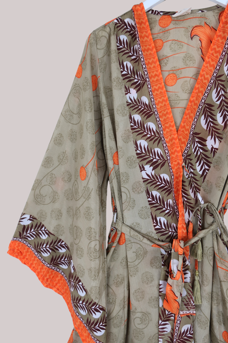 Karina Vintage Sari Jacket - Olive Green Dappled Polka Dots - Size XXL