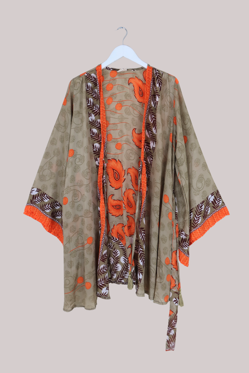 Karina Vintage Sari Jacket - Olive Green Dappled Polka Dots - Size XXL
