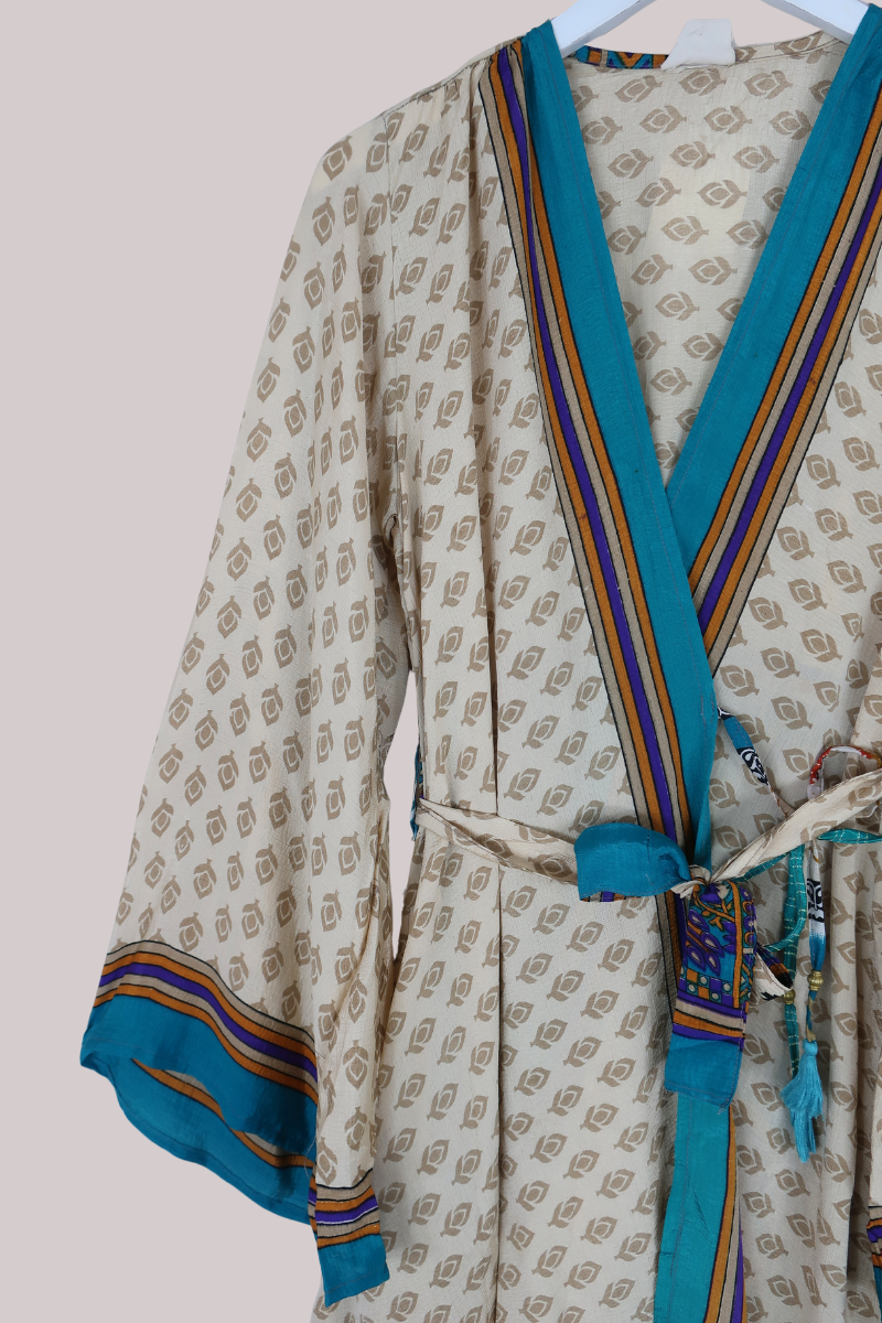 Karina Vintage Sari Jacket - Sandstone Peacocks - Size M/L