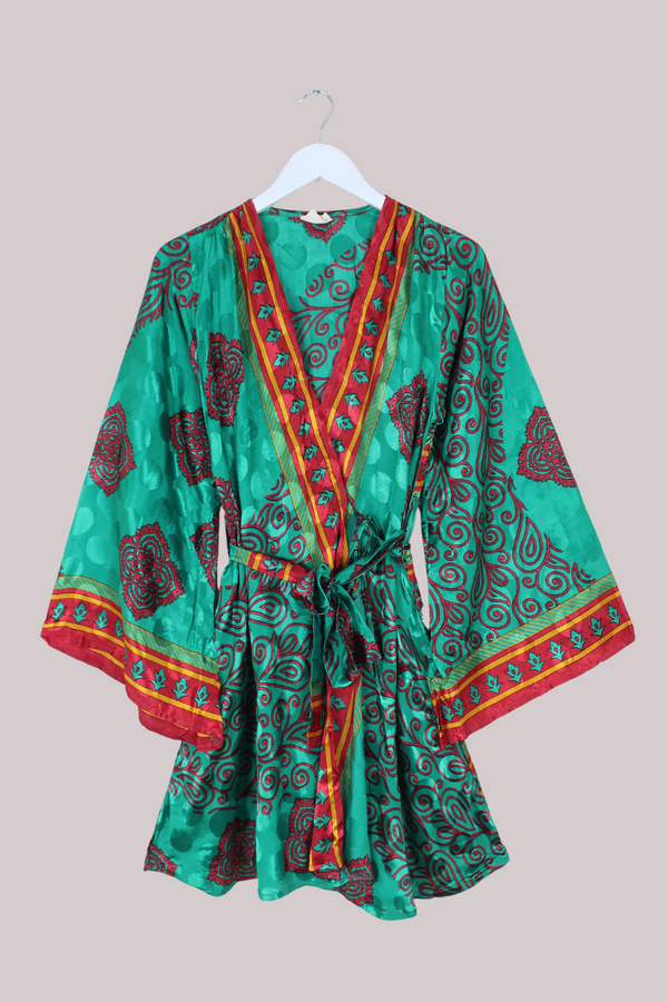 Karina Vintage Sari Jacket - Emerald & Vivid Red - Size M/L