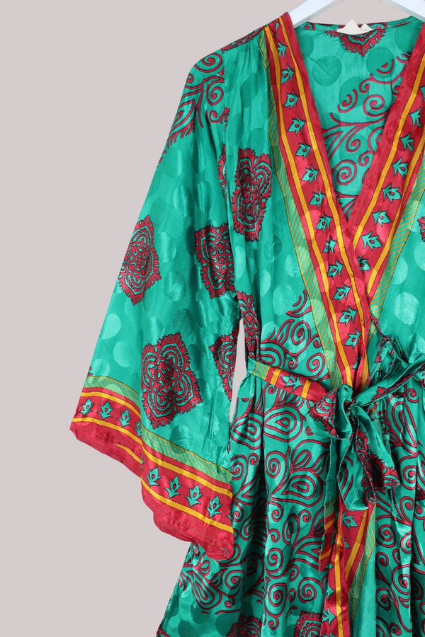 Karina Vintage Sari Jacket - Emerald & Vivid Red - Size M/L