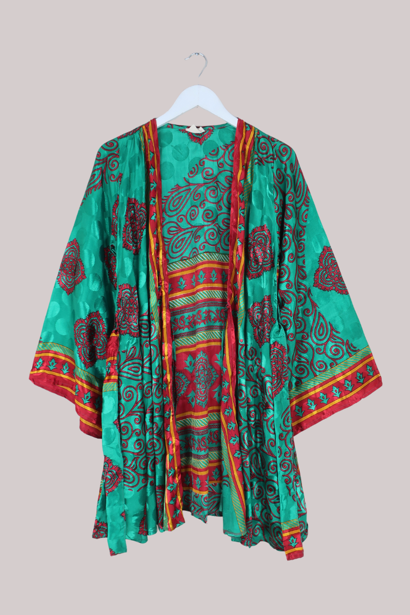 Karina Vintage Sari Jacket - Emerald & Vivid Red - Size M/L
